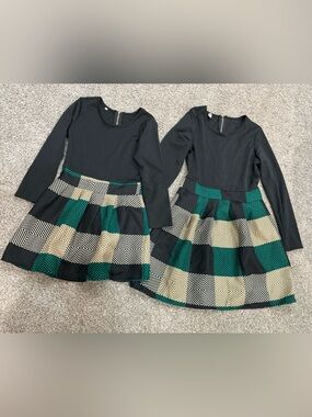 Mommy and me Black Long-Sleeve Dress with Green and Cream Plaid Skirt
